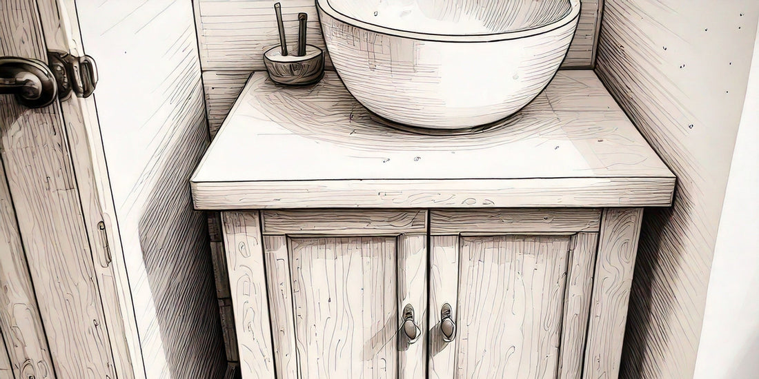 small vanity in a bathroom corner with a vessel sink on it