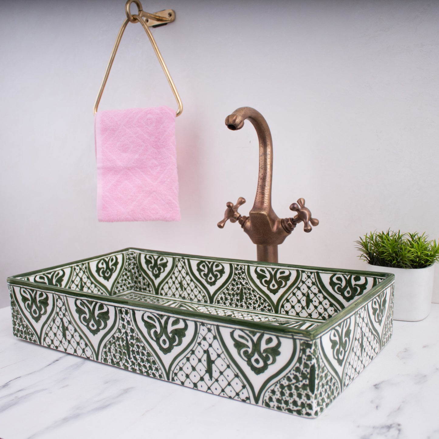 Rectangular ceramic Bathroom Sink, Arabesque Green 18" Vessel Sink | TerraFez