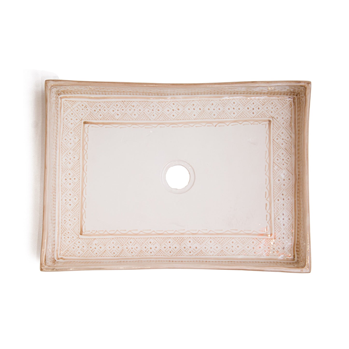 Top-down view of rectangular vessel sink displaying clean interior and decorative border frame