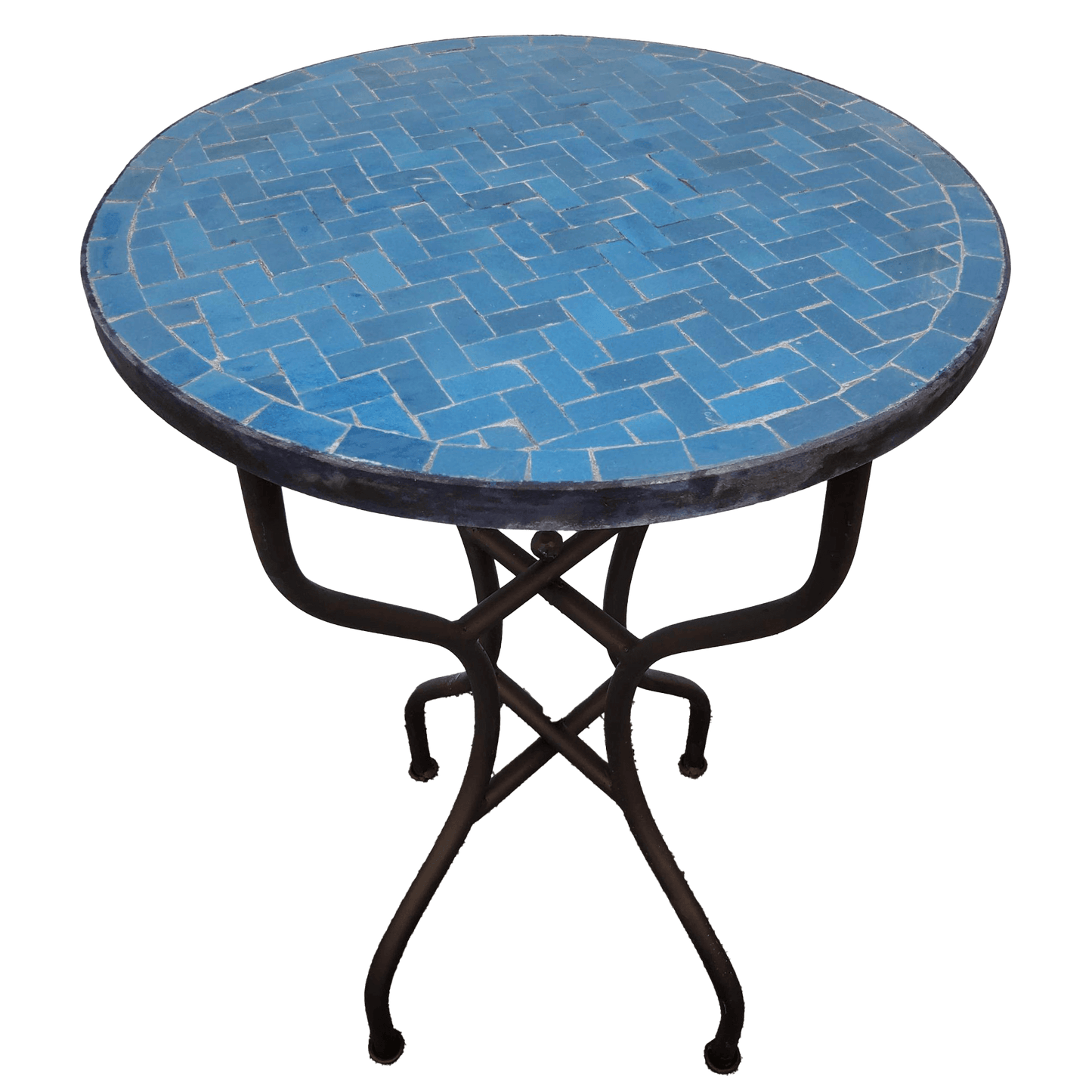 mosaic patio table made of cobalt blue zellige tiles and featuring herringbone pattern and black wrought iron base