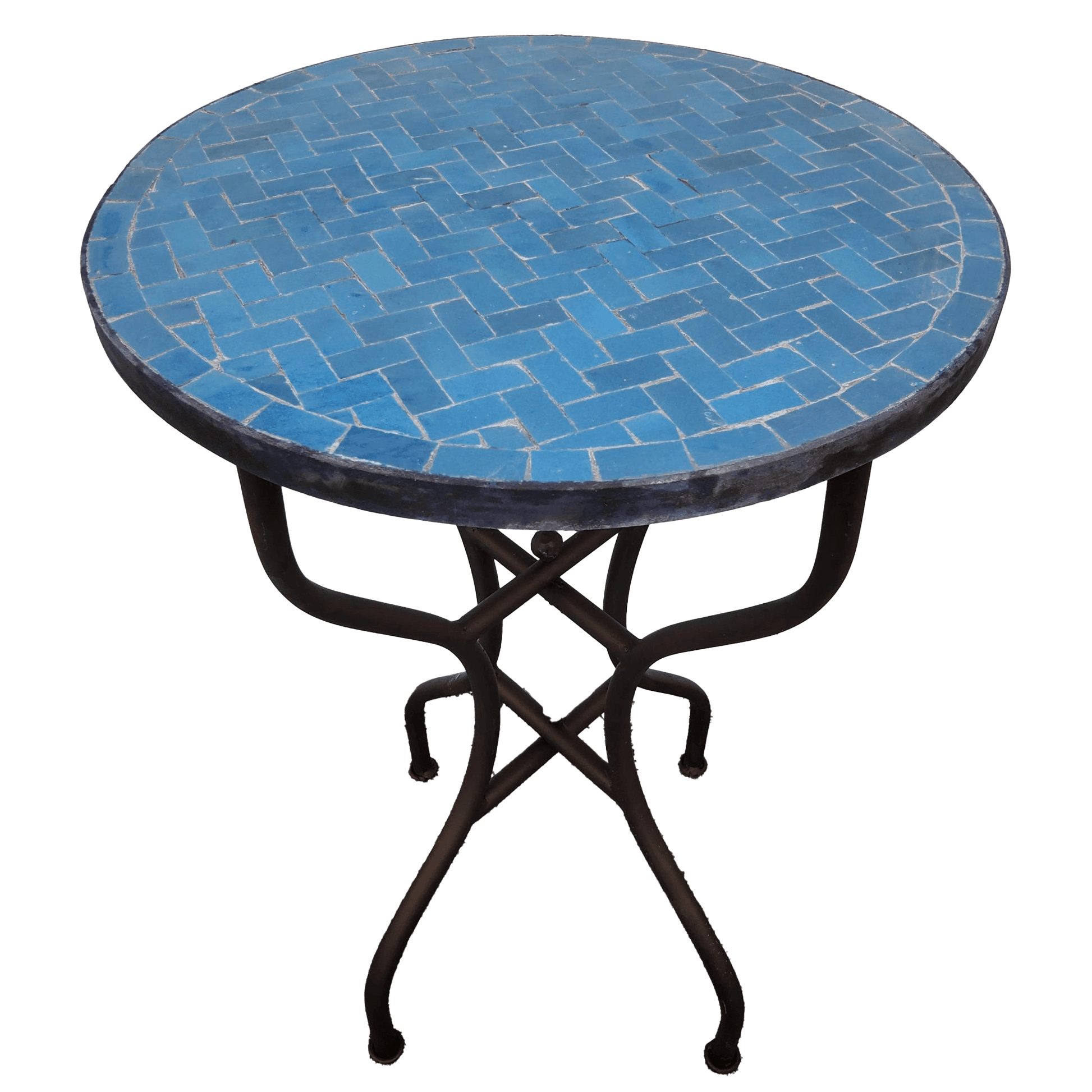 mosaic patio table made of cobalt blue zellige tiles and featuring herringbone pattern and black wrought iron base