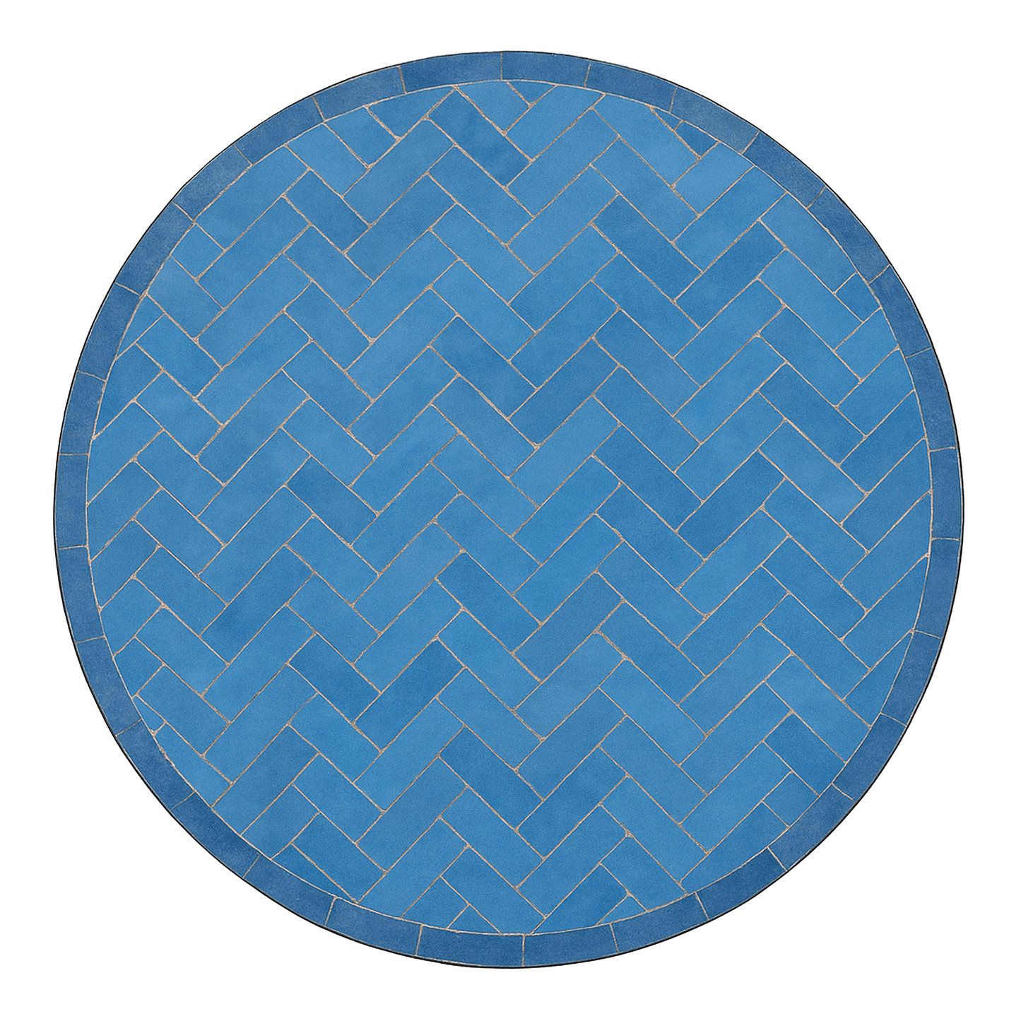 Overhead view of a mosaic patio table made of cobalt blue zellige tiles and featuring herringbone pattern