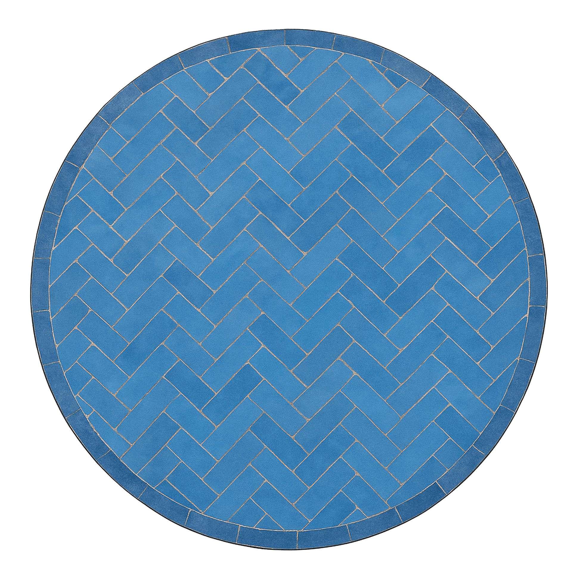 Overhead view of a mosaic patio table made of cobalt blue zellige tiles and featuring herringbone pattern