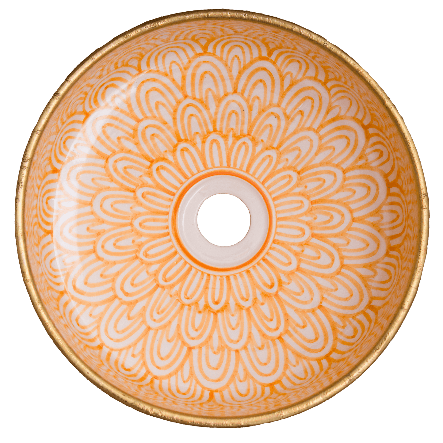 Overhead view of Moroccan ceramic basin displaying full radial geometric pattern with central drain opening