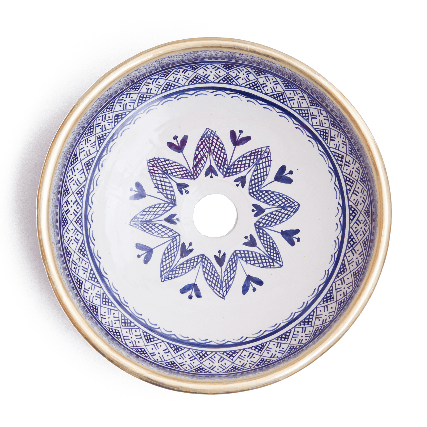 Overhead view of Moroccan round ceramic basin displaying full interior floral pattern with central drain opening