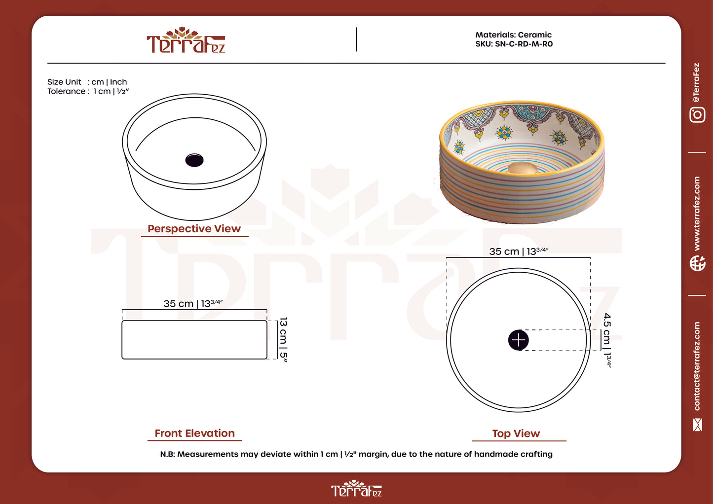 Ceramic vessel sink technical specifications showing 35cm diameter dimensions and installation measurements