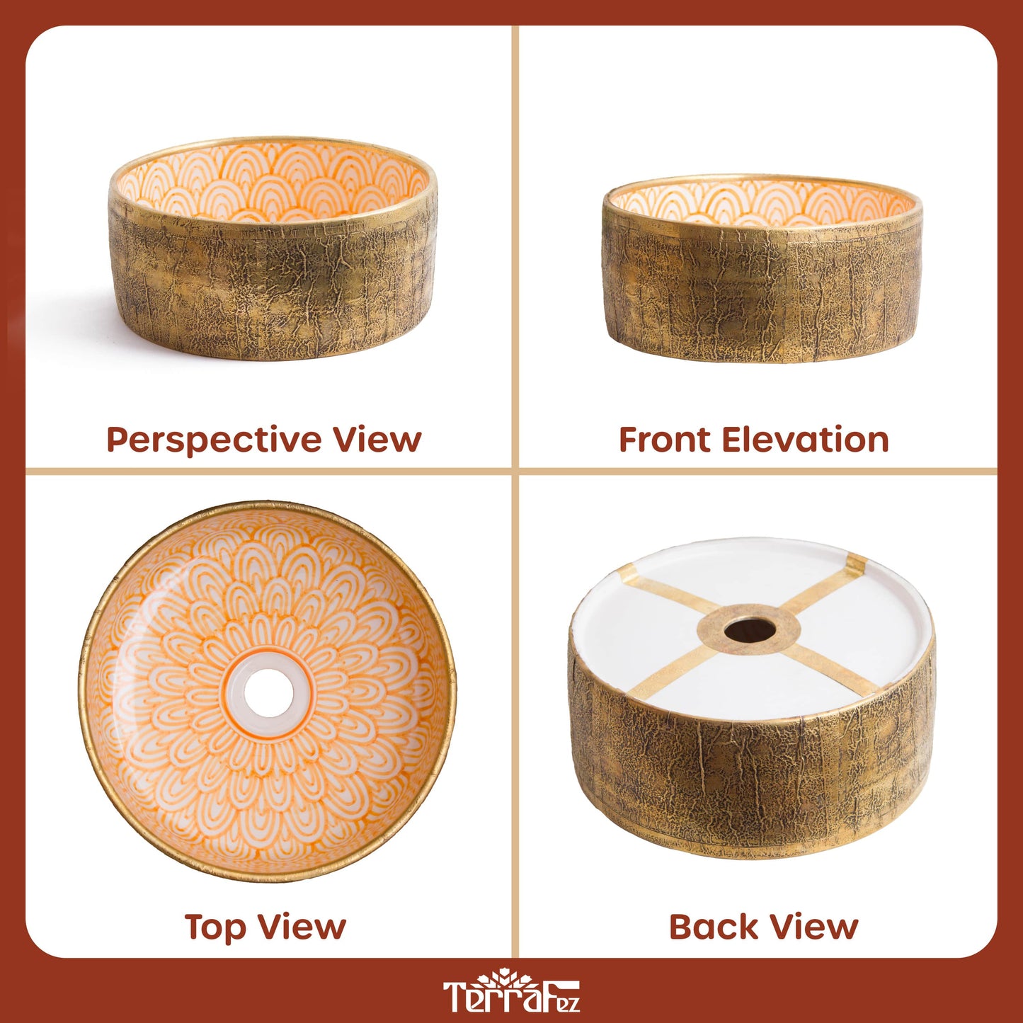Comprehensive four-panel product photography showing perspective, front elevation, top view, and back view of ceramic vessel sink