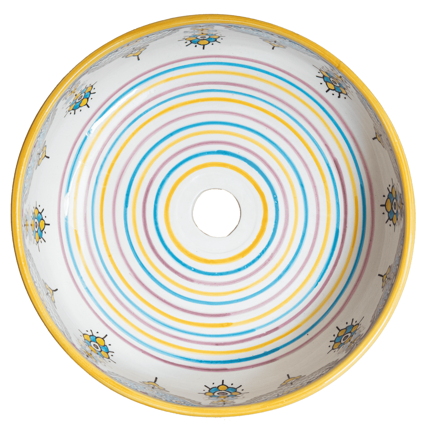 Top view of Handcrafted Moroccan sink interior featuring concentric stripes and traditional star motifs