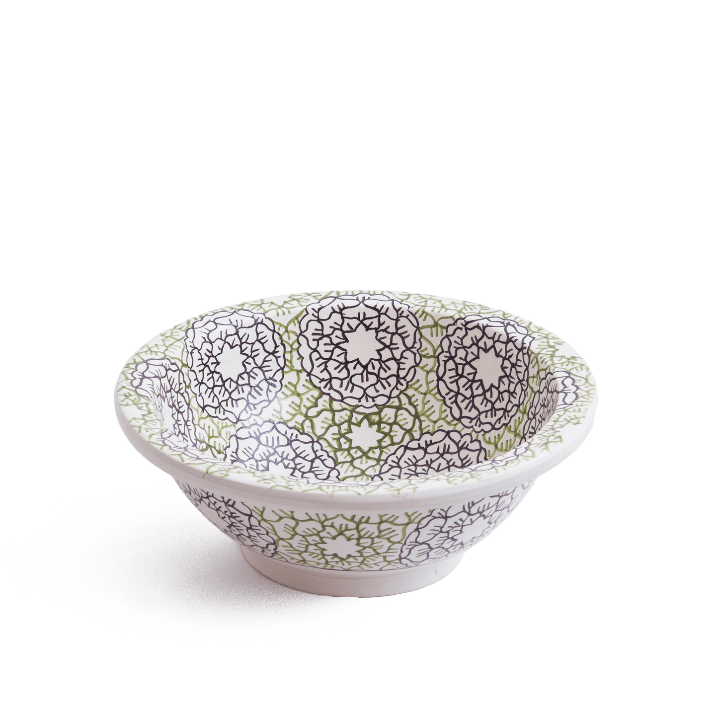 Angled perspective of Moroccan ceramic basin showcasing three-dimensional form and pattern distribution