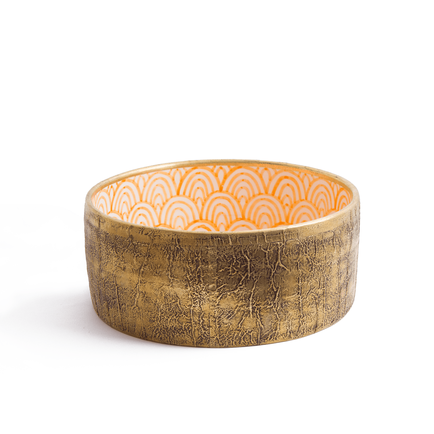 Handcrafted ceramic vessel sink with textured bronze exterior and orange geometric pattern interior displayed at three-quarter angle