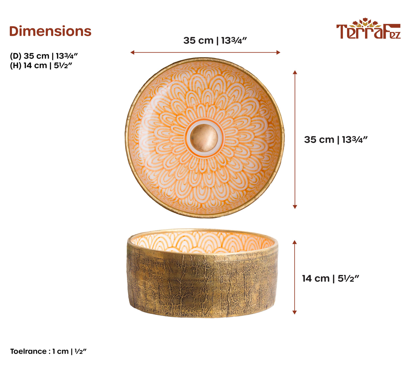 Technical dimensional diagram of handmade Moroccan ceramic basin showing 35cm diameter and 14cm height measurements with top and side elevation views