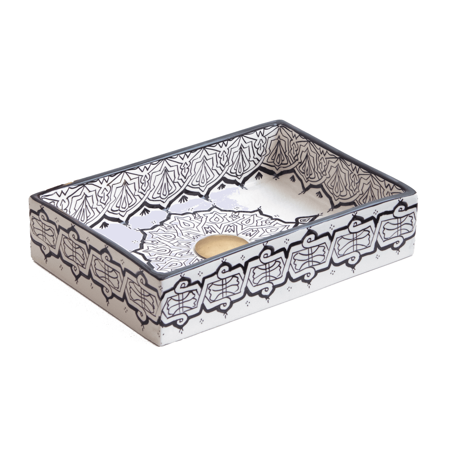 Handmade Moroccan ceramic rectangular vessel sink with black and white Fassi zellige patterns, featuring a gold drain.