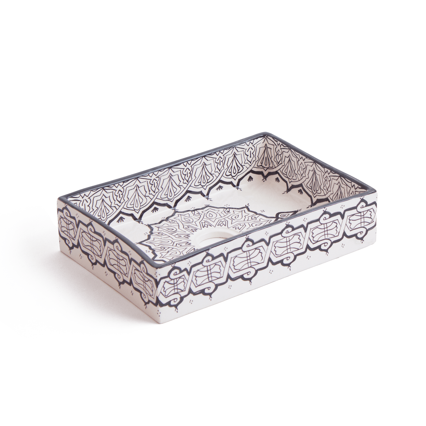 Handmade Moroccan ceramic rectangular vessel sink with black and white Fassi zellige patterns, featuring a gold drain.