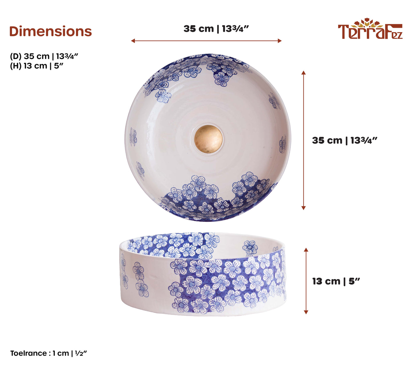 Technical dimensions diagram showing top and side view measurements of ceramic vessel sink with blue floral cluster pattern and 35cm diameter specifications