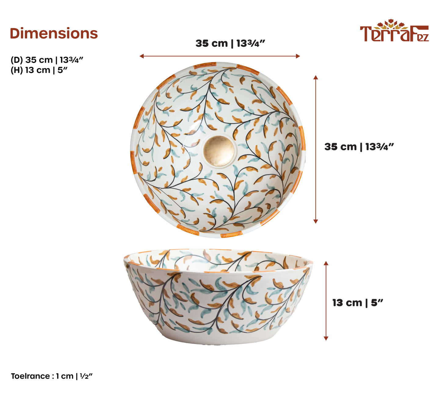 Technical dimensions diagram showing top and side view measurements of ceramic vessel sink with olive pattern and 30cm diameter specifications