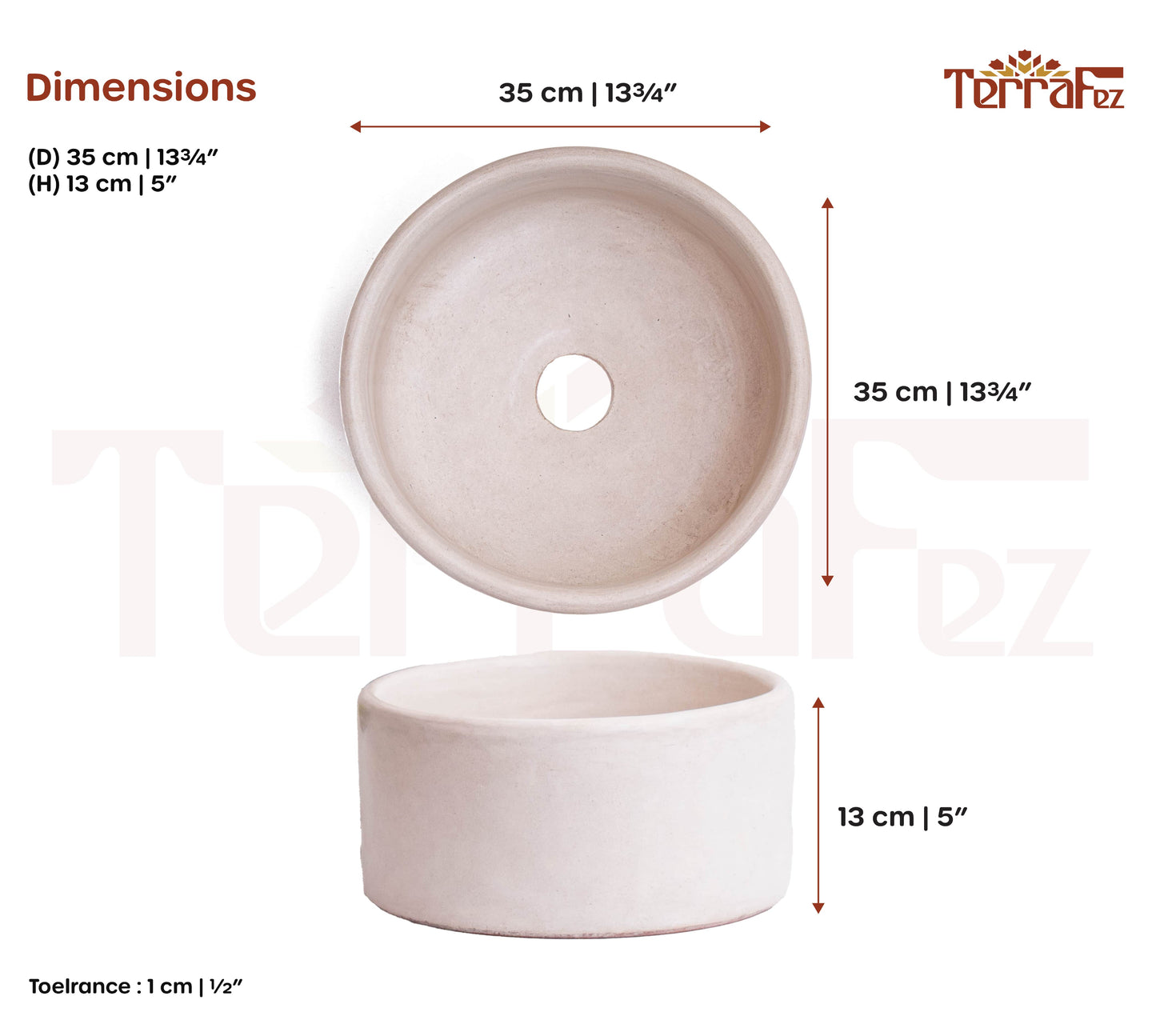Technical specification sheet displaying dimensions and measurements of handcrafted round Moroccan ceramic bathroom sink in neutral beige finish