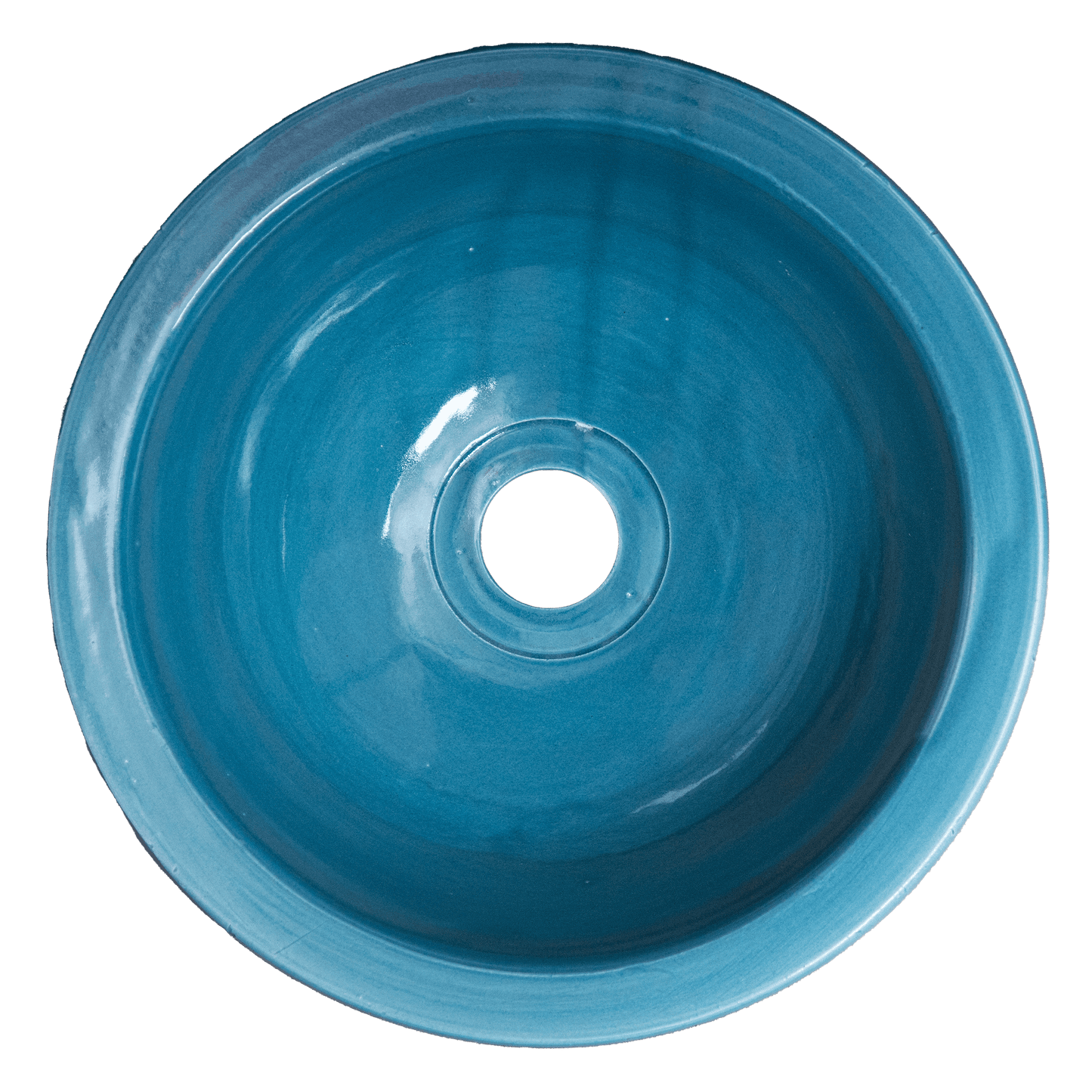 Top-down interior view of blue ceramic vessel sink showing the glazed bowl interior and central drain opening