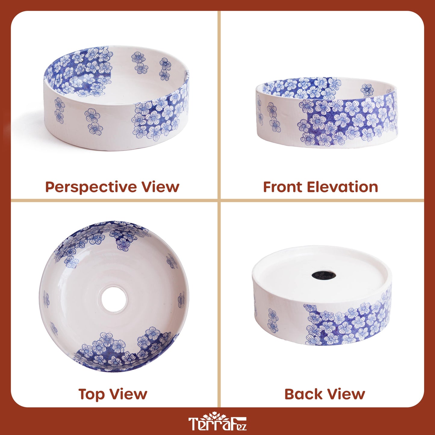 Handcrafted ceramic vessel sink with blue floral meadow pattern shown in four different angles - perspective view, front elevation, top view, and back view