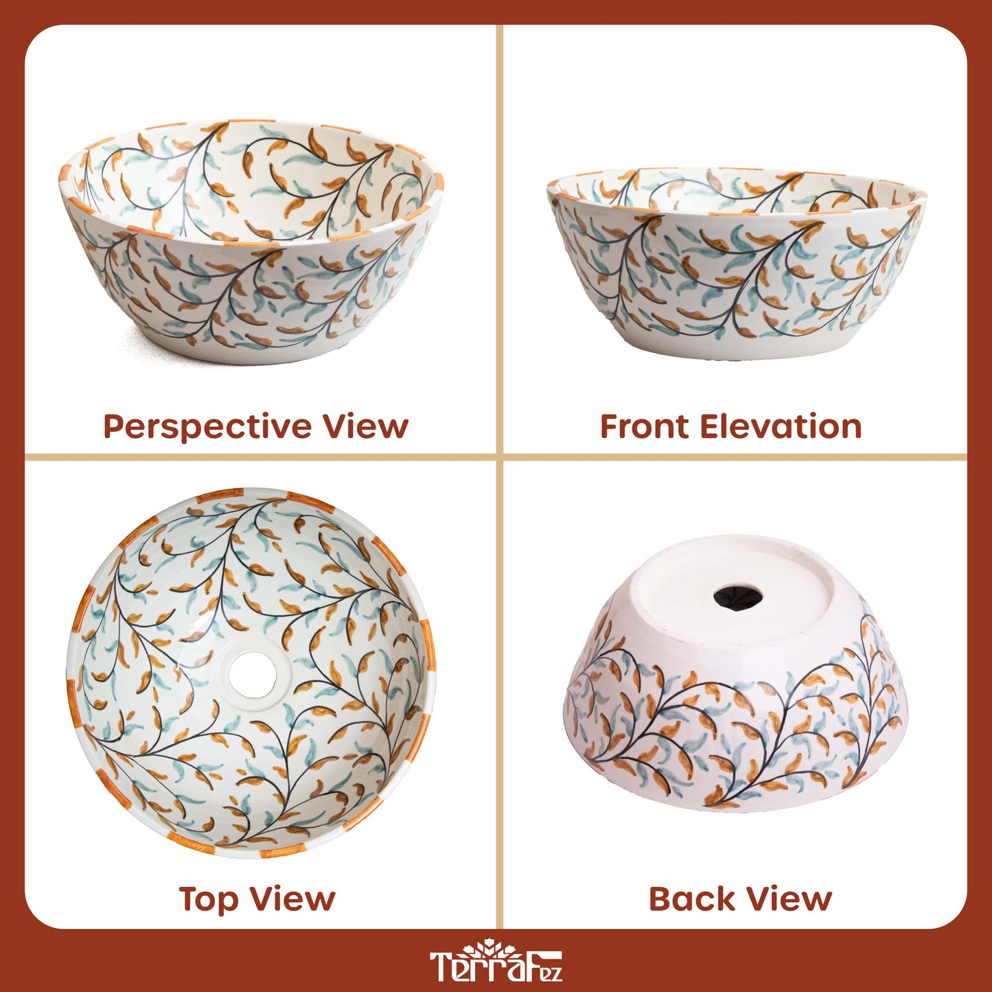 Handcrafted ceramic vessel sink with painted olive branch motif shown in four different angles - perspective, front elevation, top view, and back view