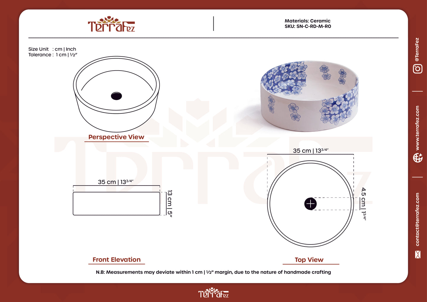 Technical drawing and specifications sheet for ceramic vessel sink with floral design showing detailed measurements and product dimensions