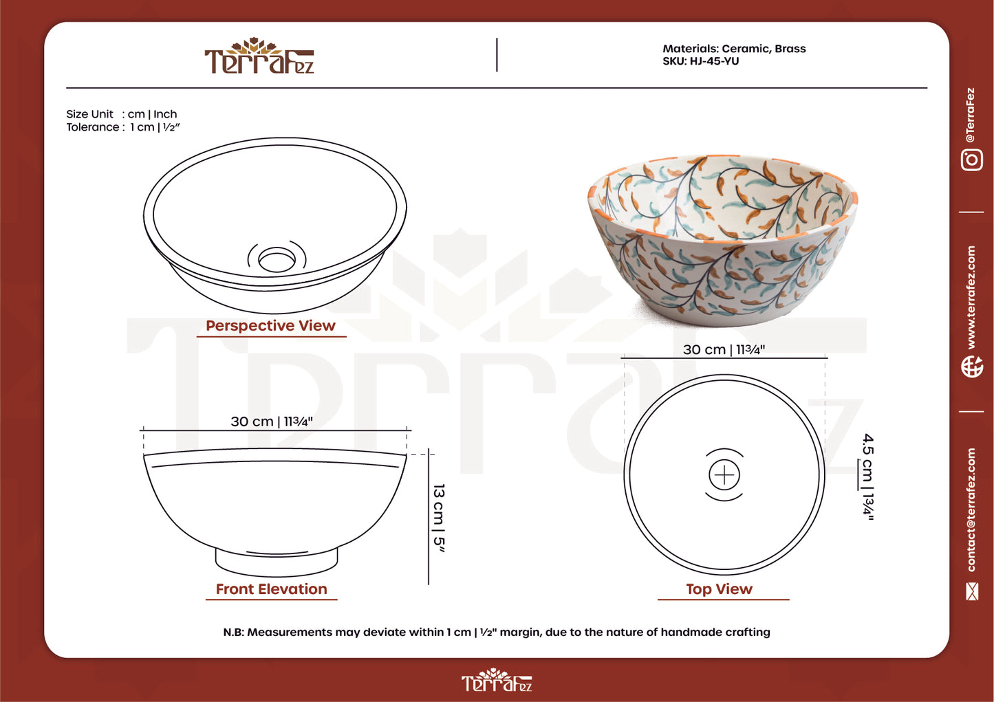 Technical drawing and specifications sheet for ceramic vessel sink with olive leaf pattern showing detailed measurements and product dimensions