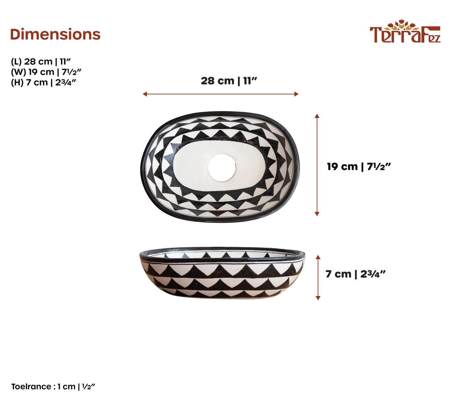 Technical dimensions diagram showing top and side view measurements of compact oval ceramic vessel sink with 28cm length and geometric pattern specifications