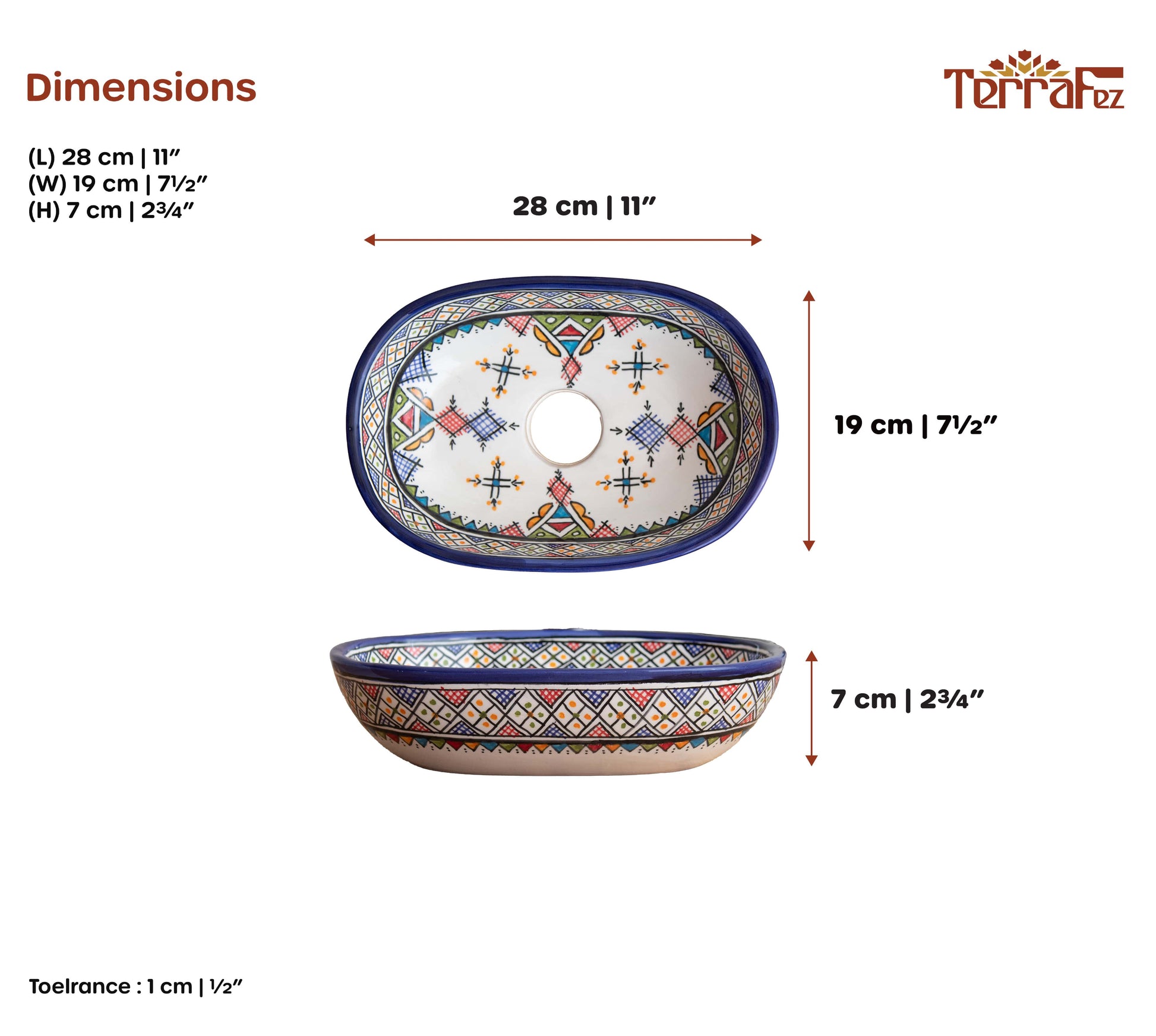 Technical dimensions diagram showing top and side view measurements of compact oval ceramic vessel sink with colorful Berber patterns and 28cm length specifications
