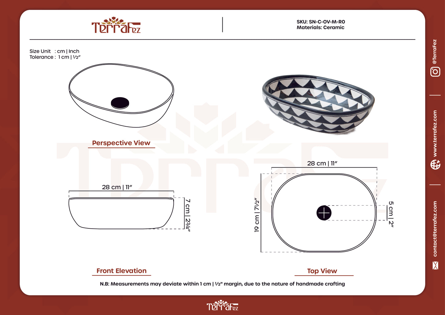 Technical drawing and specifications sheet for compact oval ceramic vessel sink with triangle motif showing detailed measurements and product dimensions