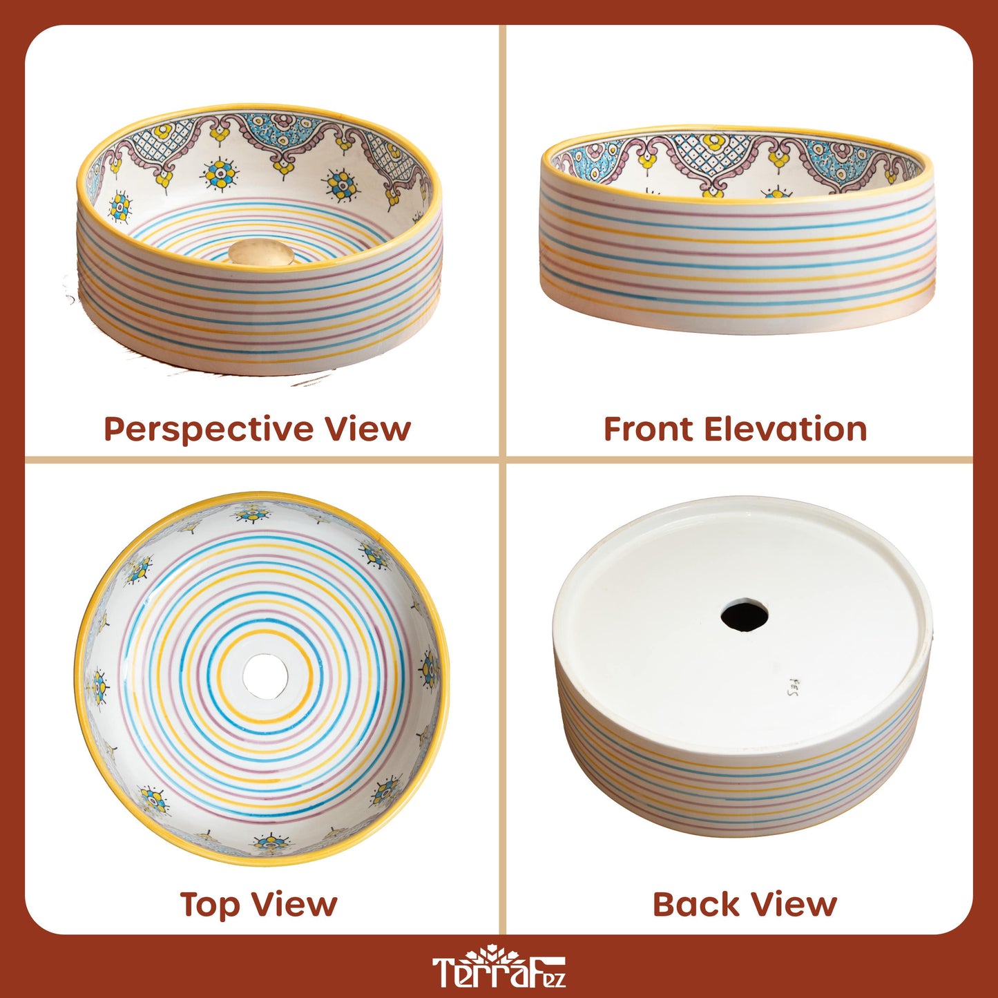 different views of Moroccan ceramic vessel sink with rainbow geometric patterns and colorful striped exterior design