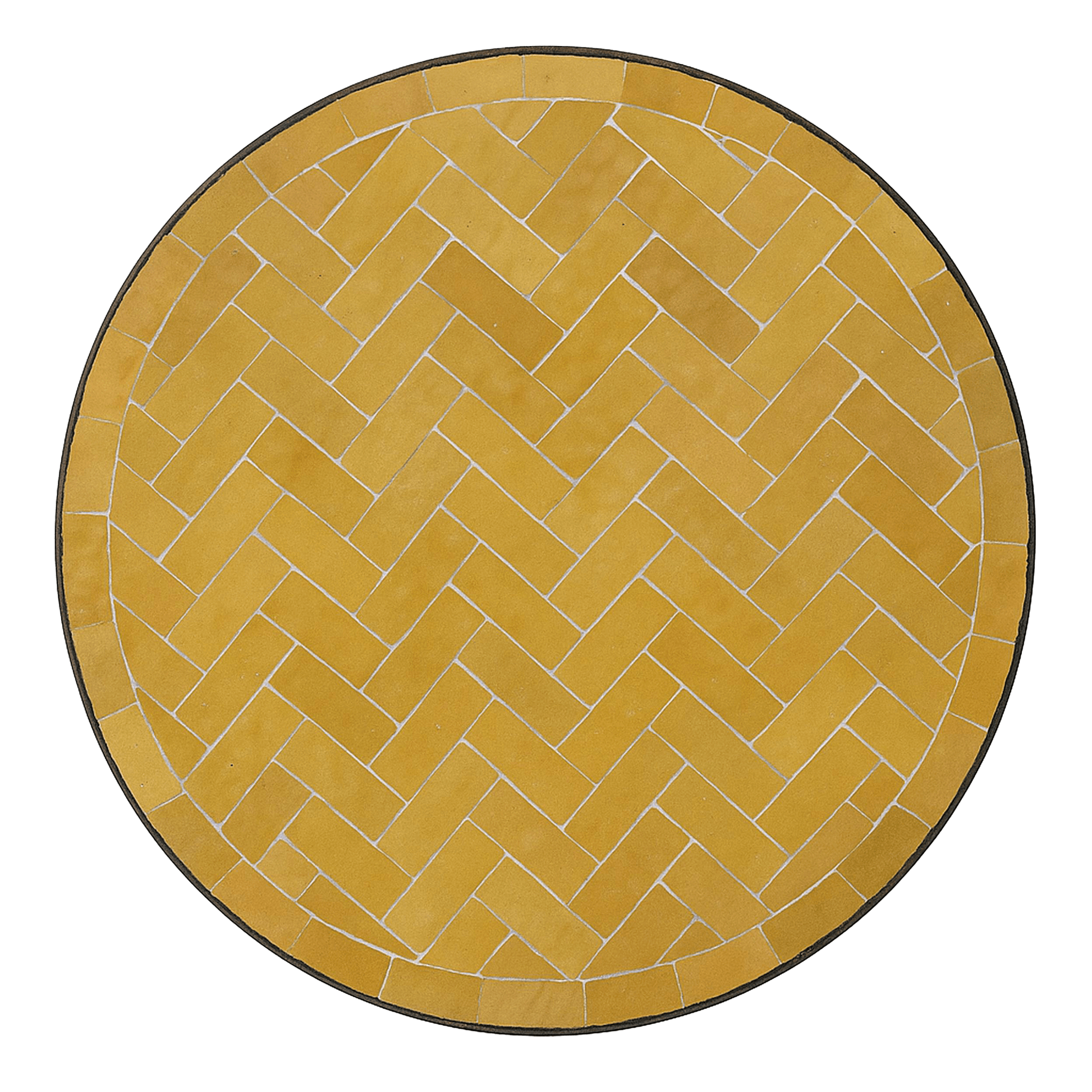 Overhead view of a mosaic patio table made of amber zellige tiles and featuring herringbone pattern