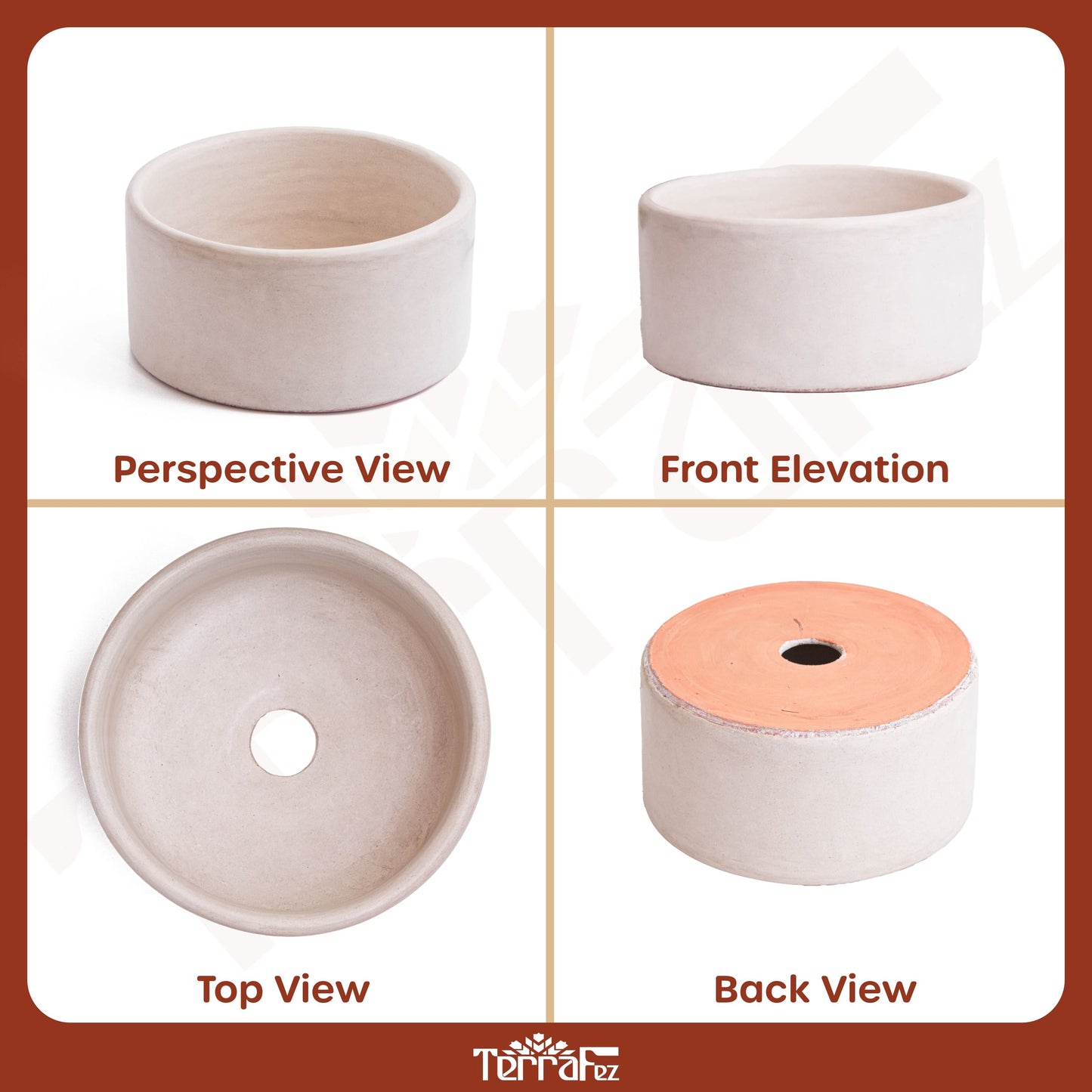 Four-panel technical diagram displaying perspective view, front elevation, top view, and back view of handcrafted Moroccan round ceramic vessel sink