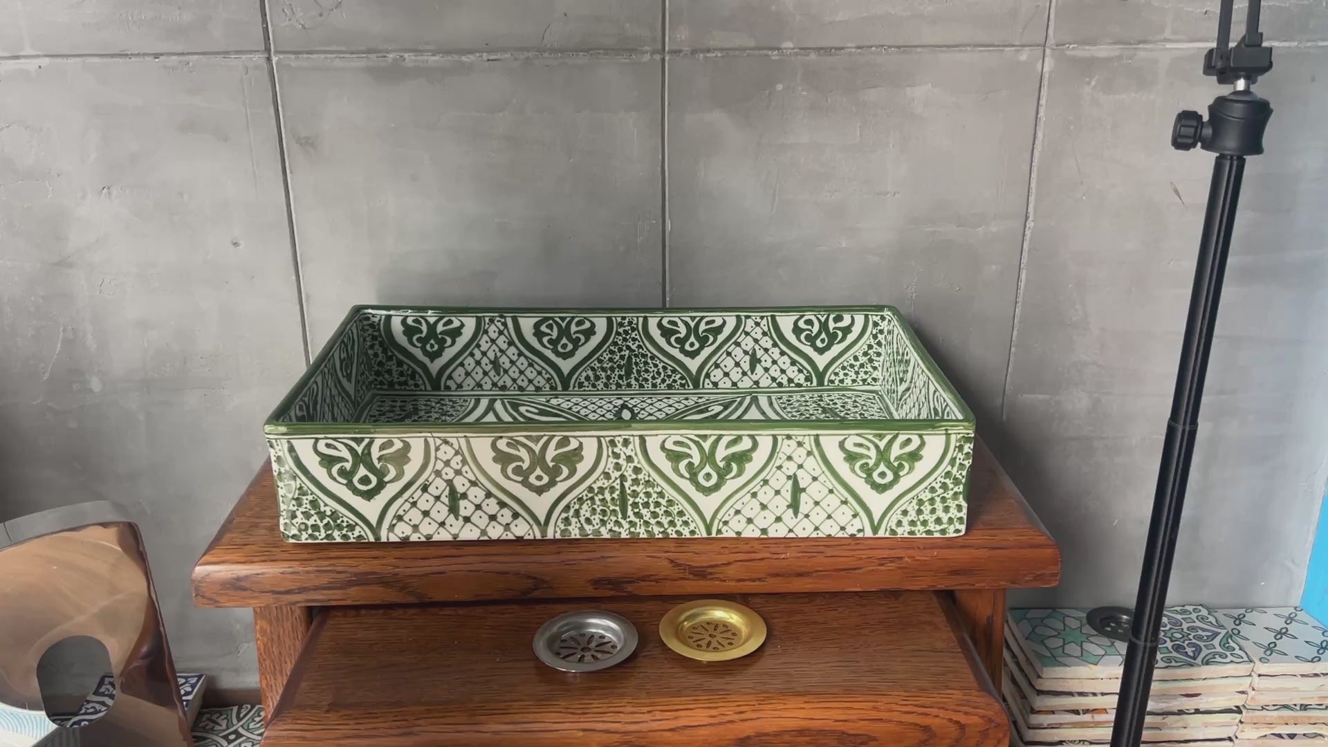 Video of Rectangular ceramic Bathroom Sink, Arabesque Green 18" Vessel Sink | TerraFez