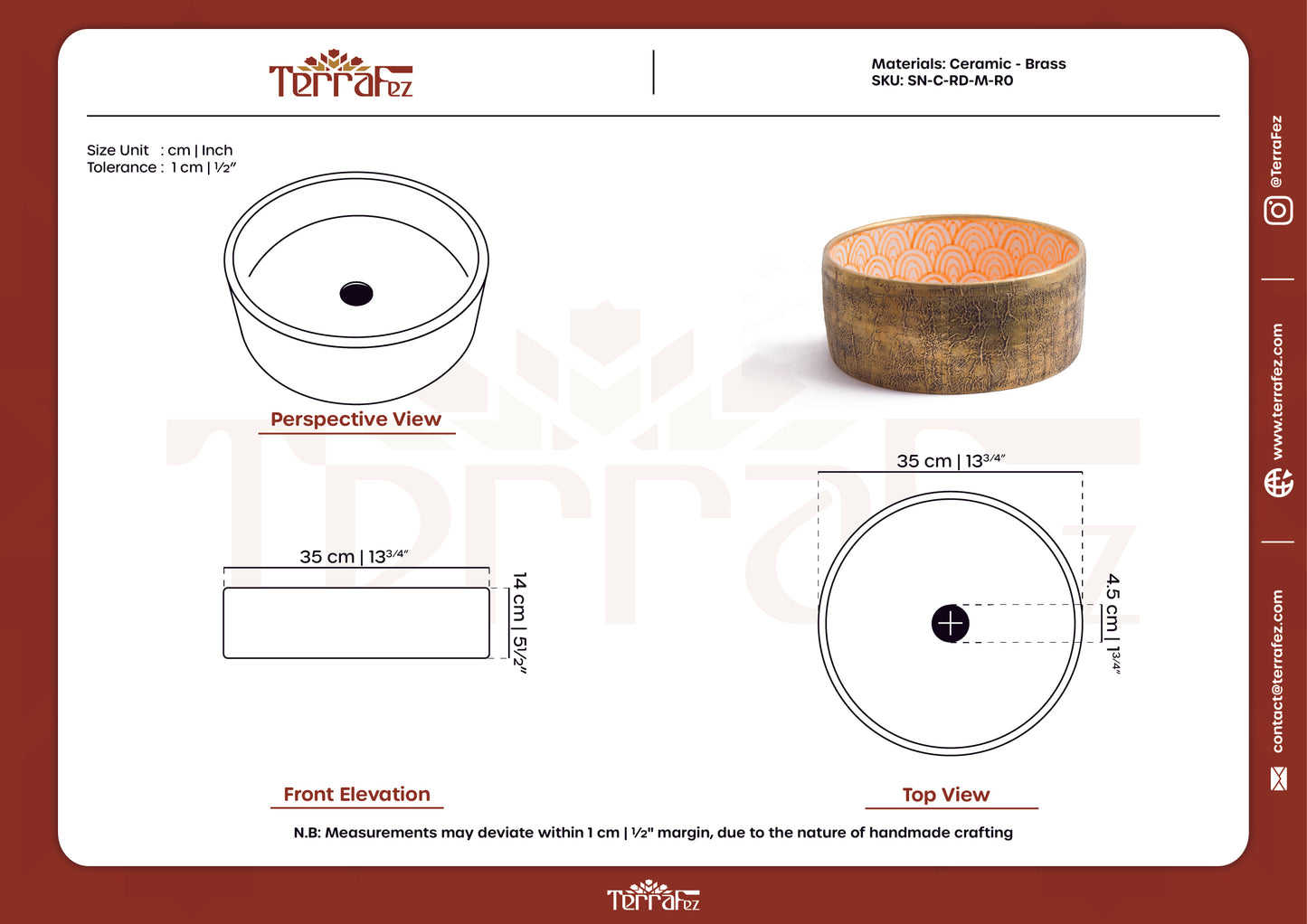 Complete technical specification document showing ceramic basin dimensions, materials, and multiple engineering views