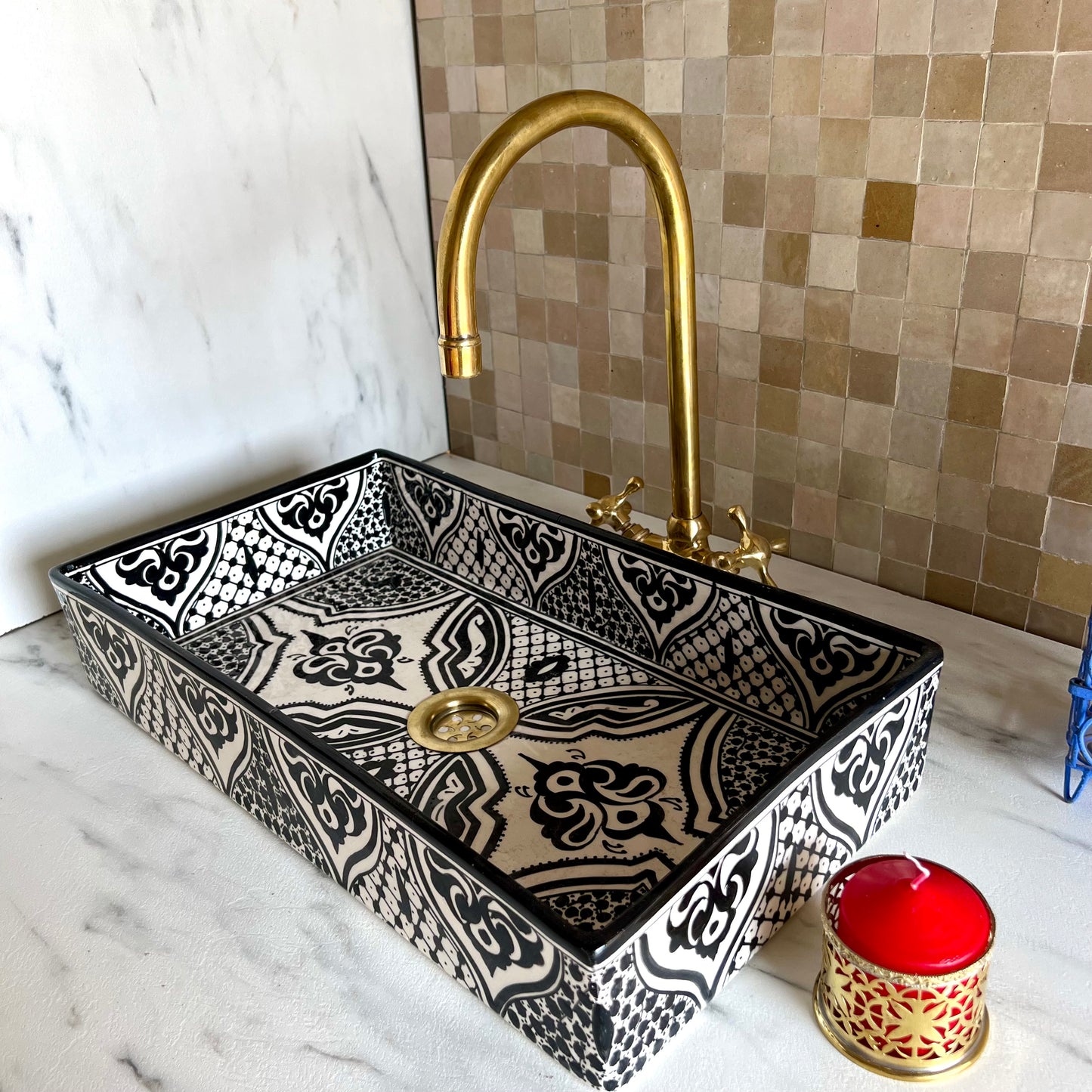 Rectangular ceramic Bathroom Sink, Arabesque Black 18" Vessel Sink | TerraFez