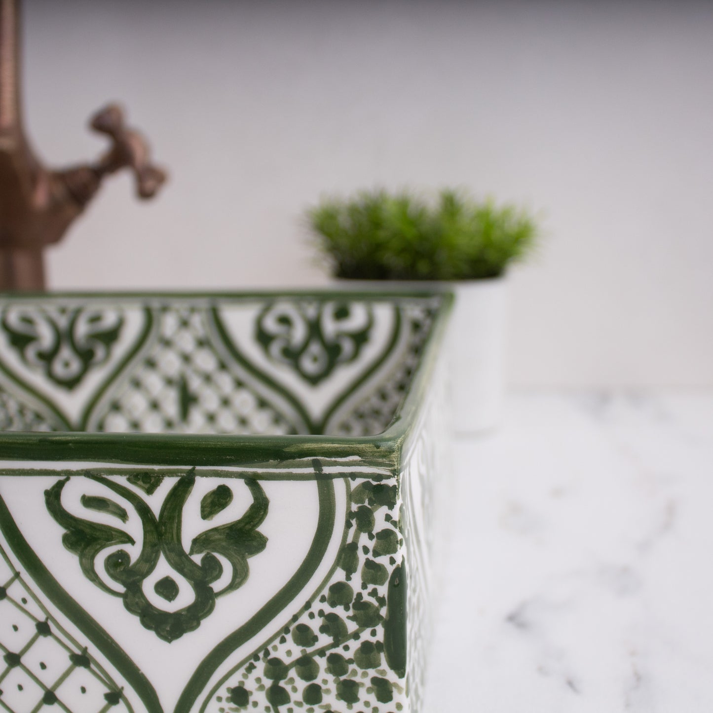 Rectangular ceramic Bathroom Sink close up 1, Arabesque Green 18" Vessel Sink | TerraFez