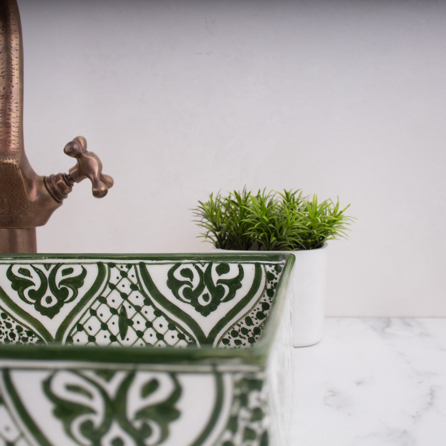 Rectangular ceramic Bathroom Sink close up 2, Arabesque Green 18" Vessel Sink | TerraFez
