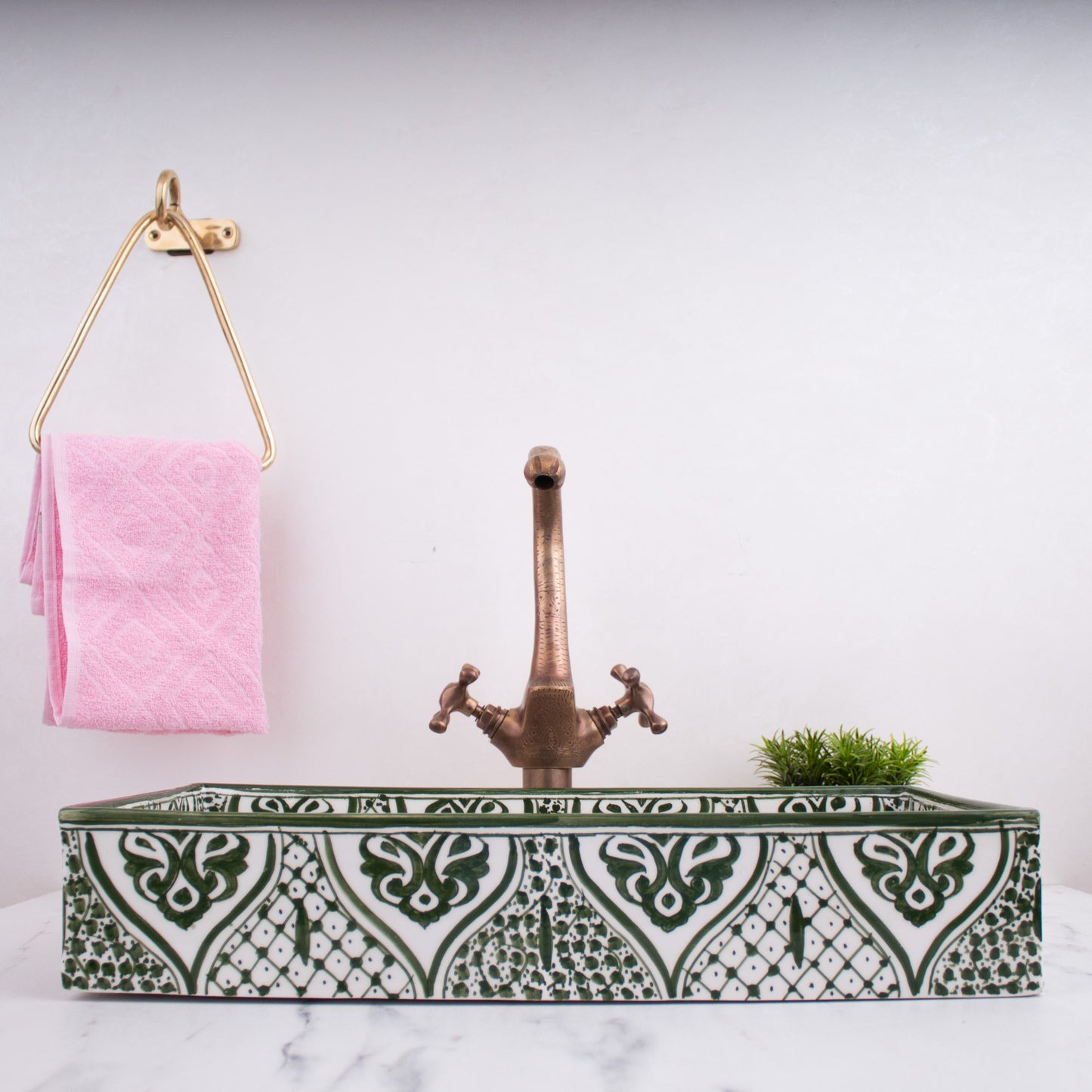 Rectangular ceramic Bathroom Sink front view, Arabesque Green 18" Vessel Sink | TerraFez