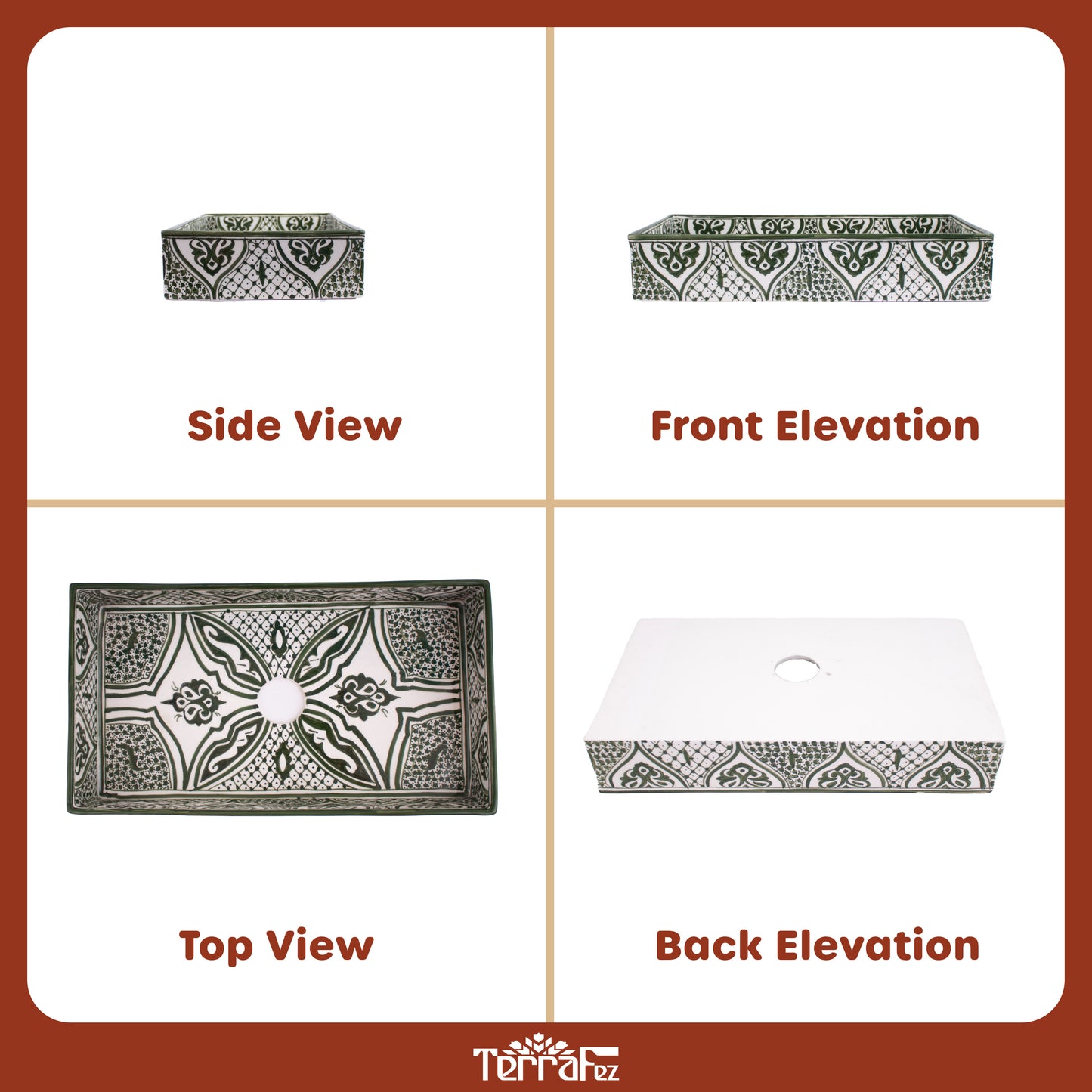 multi-views of Rectangular ceramic Bathroom Sink, Arabesque Green 18" Vessel Sink | TerraFez