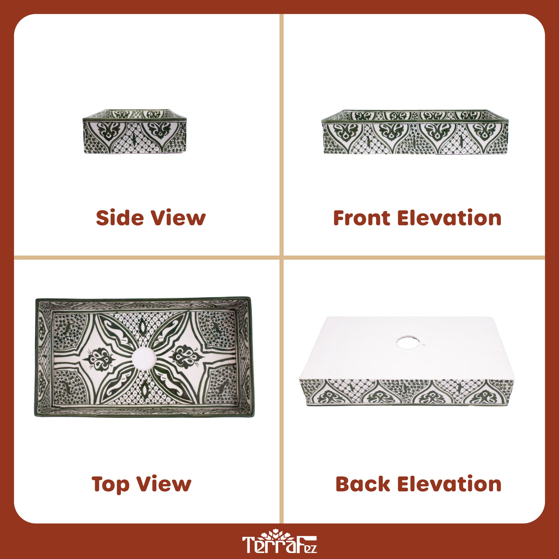 multi-views of Rectangular ceramic Bathroom Sink, Arabesque Green 18" Vessel Sink | TerraFez