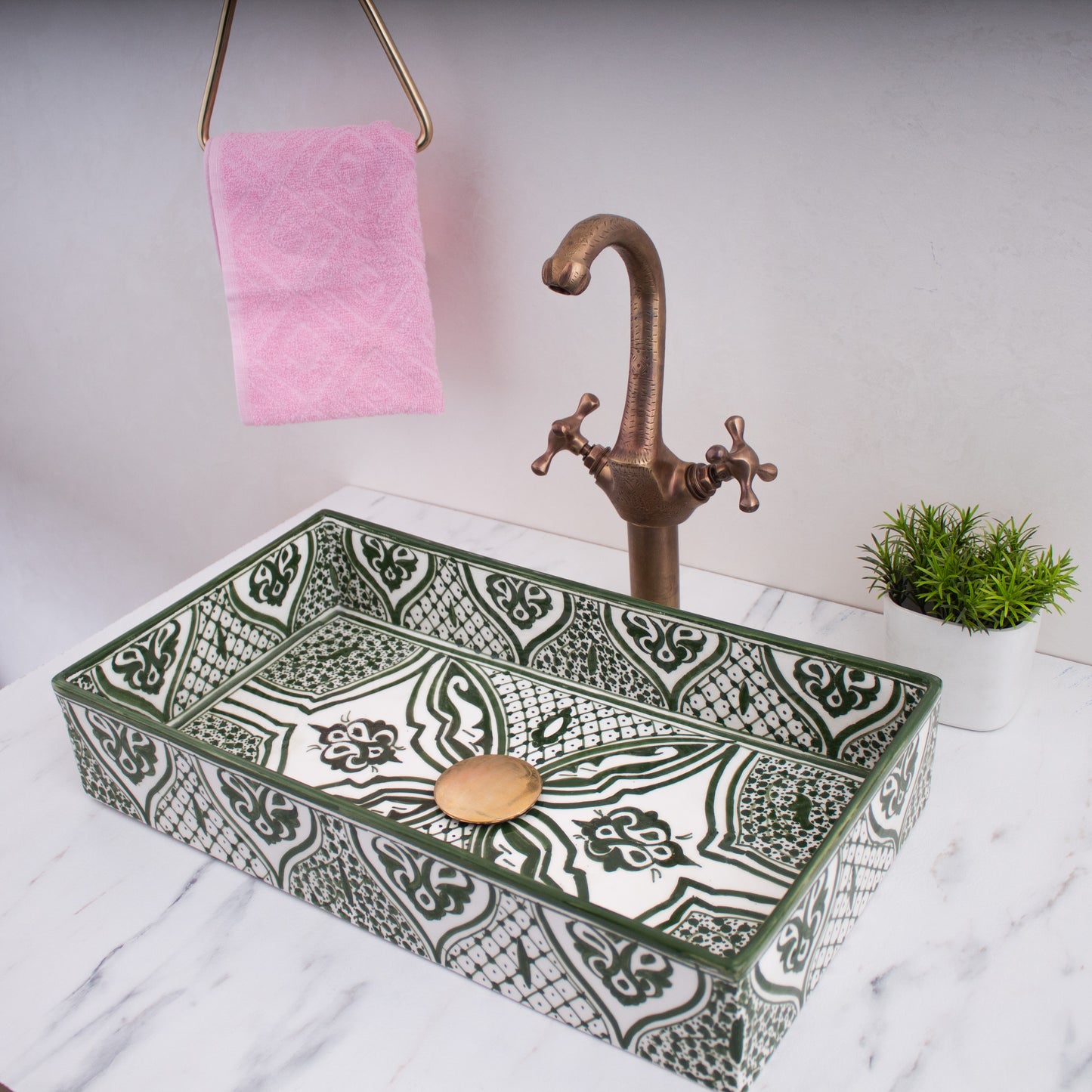 Rectangular ceramic Bathroom Sink side view, Arabesque Green 18" Vessel Sink | TerraFez