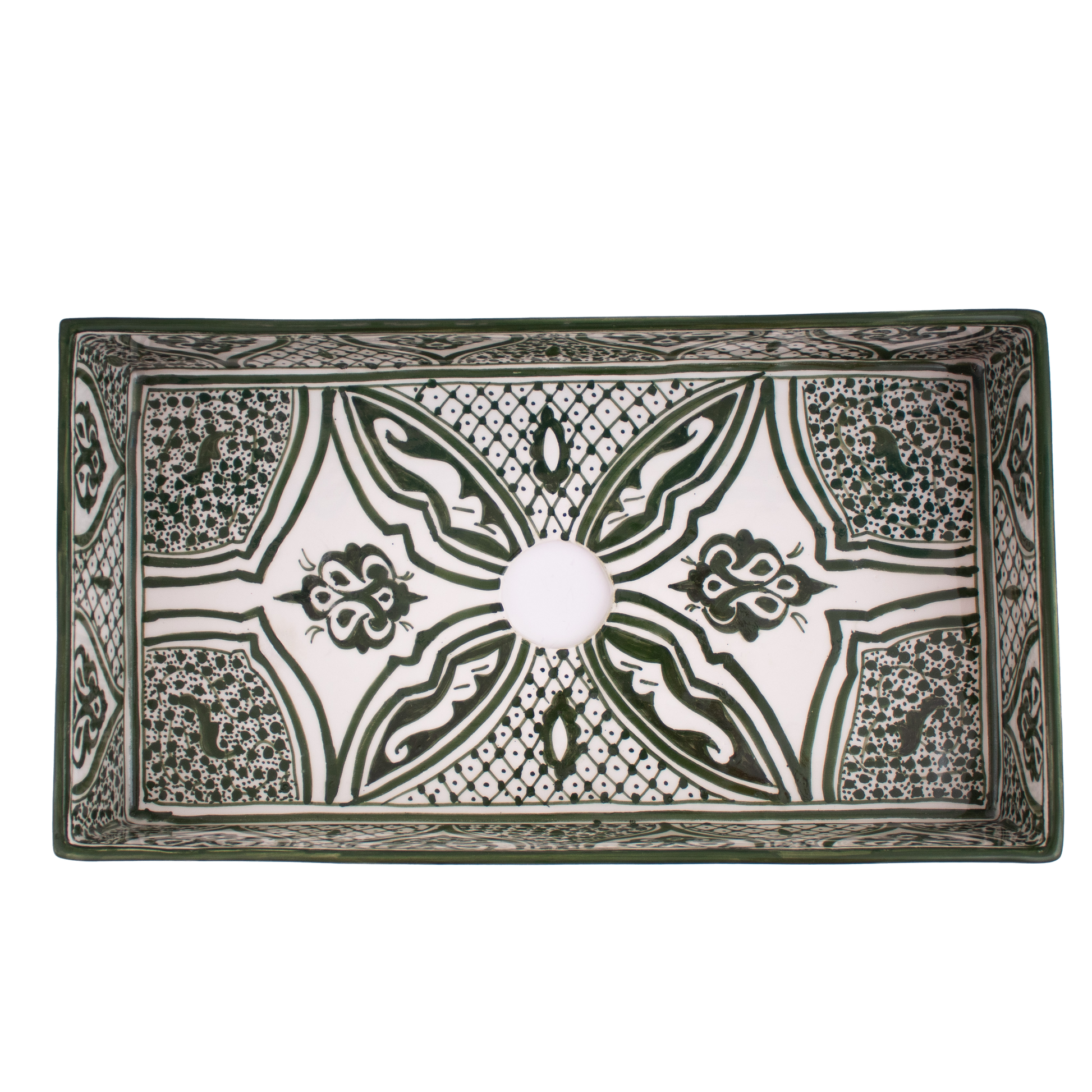 Rectangular ceramic Bathroom Sink top view, Arabesque Green 18" Vessel Sink | TerraFez