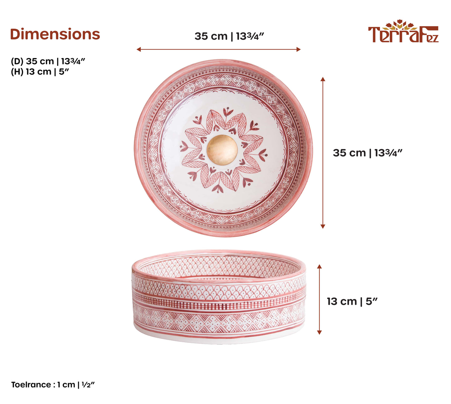 Dimensional technical diagram of round ceramic vessel sink showing 35cm diameter and 13cm height with coral pink geometric patterns