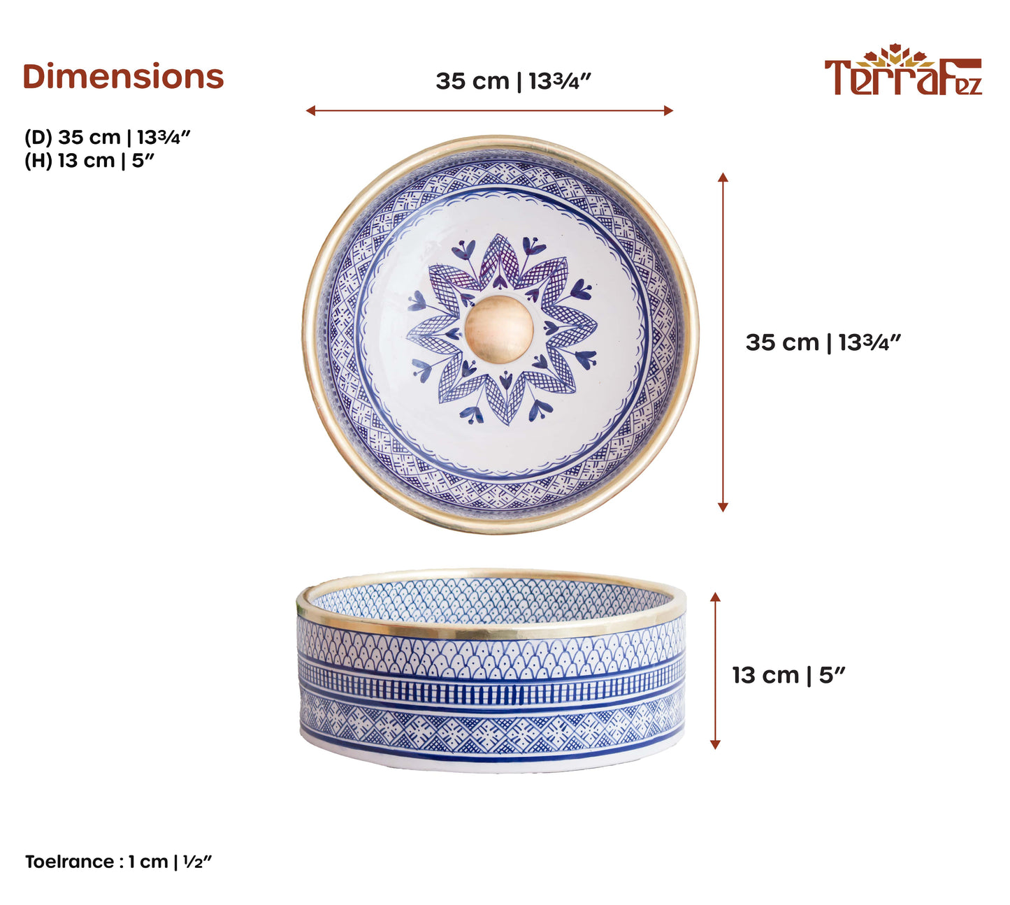 Dimensional technical diagram of round ceramic vessel sink showing 35cm diameter and 13cm height with blue geometric patterns