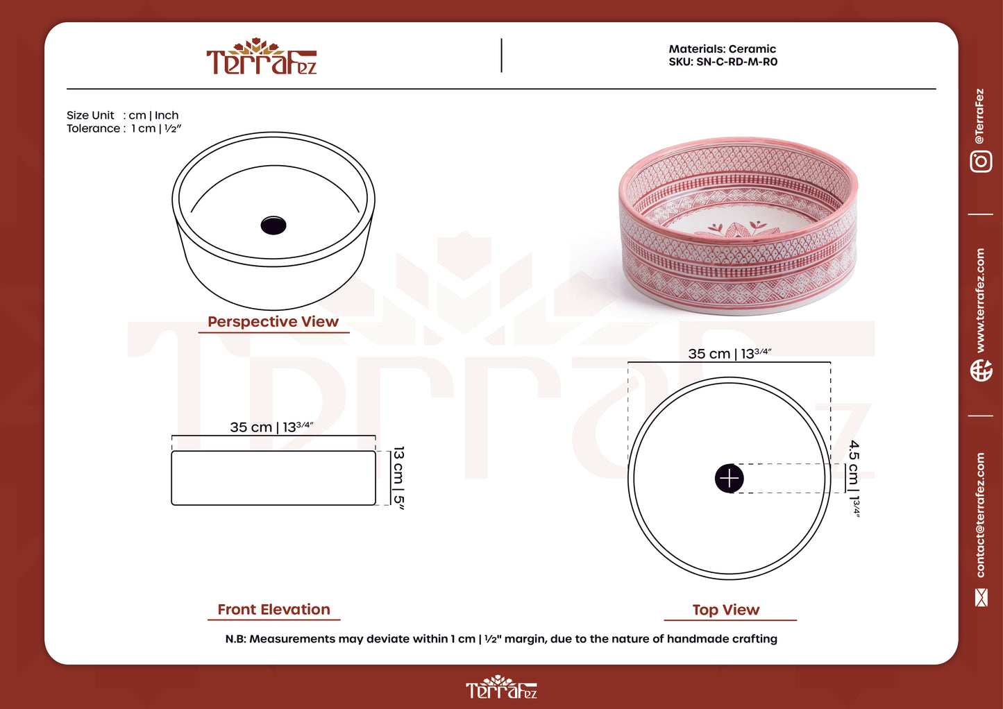 Technical specification document for handmade Moroccan round ceramic basin showing engineering drawings and product photo