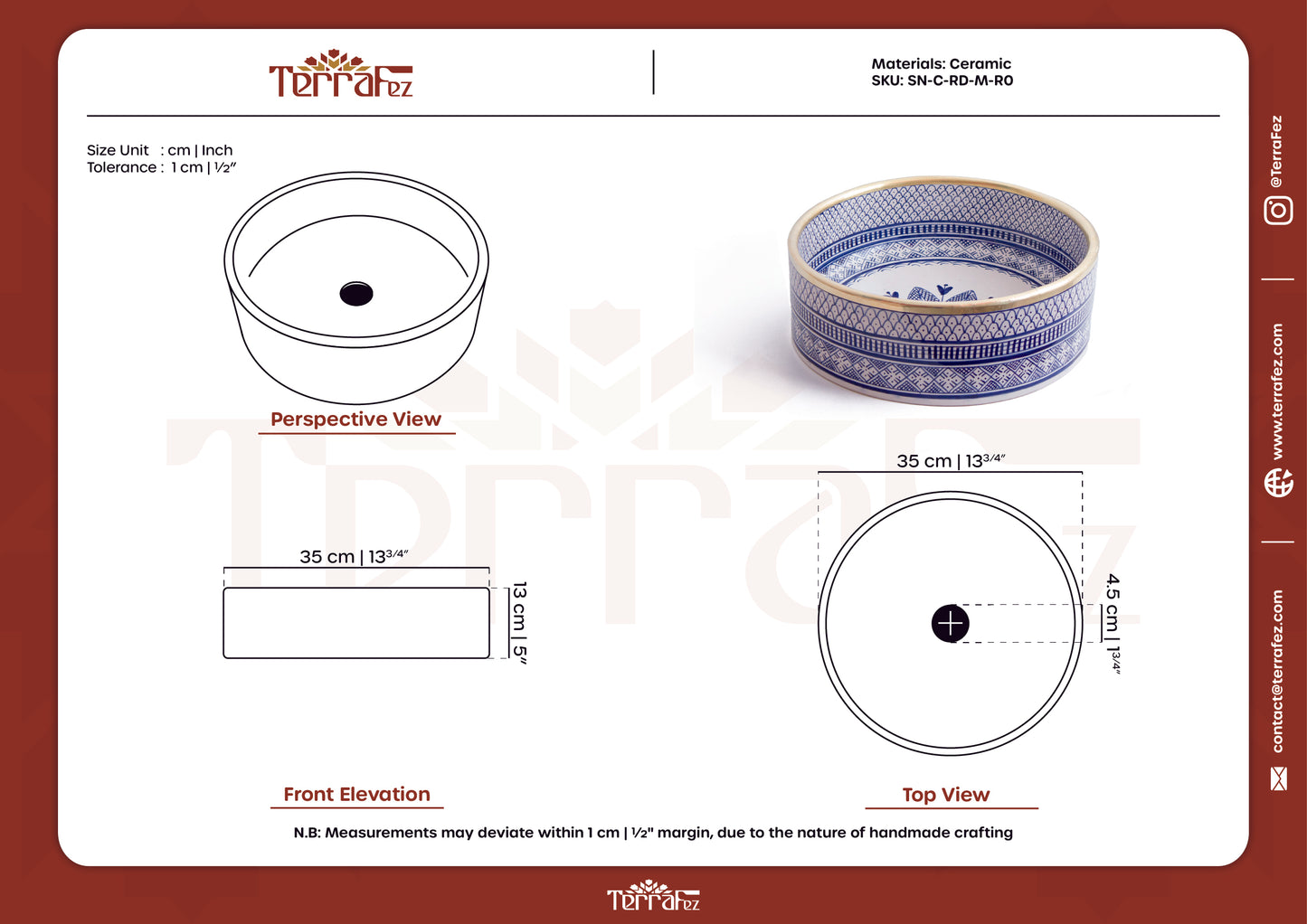 Technical specification document for handmade Moroccan round ceramic basin showing engineering drawings and product photo
