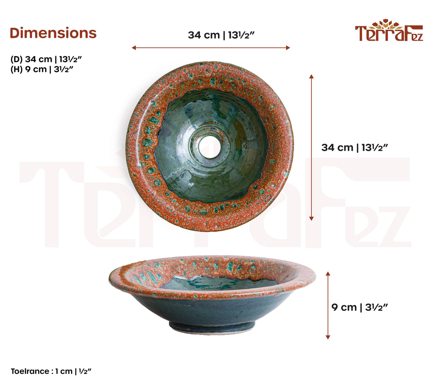 Product dimensions for 34cm handmade ceramic vessel sink showing top and side measurements
