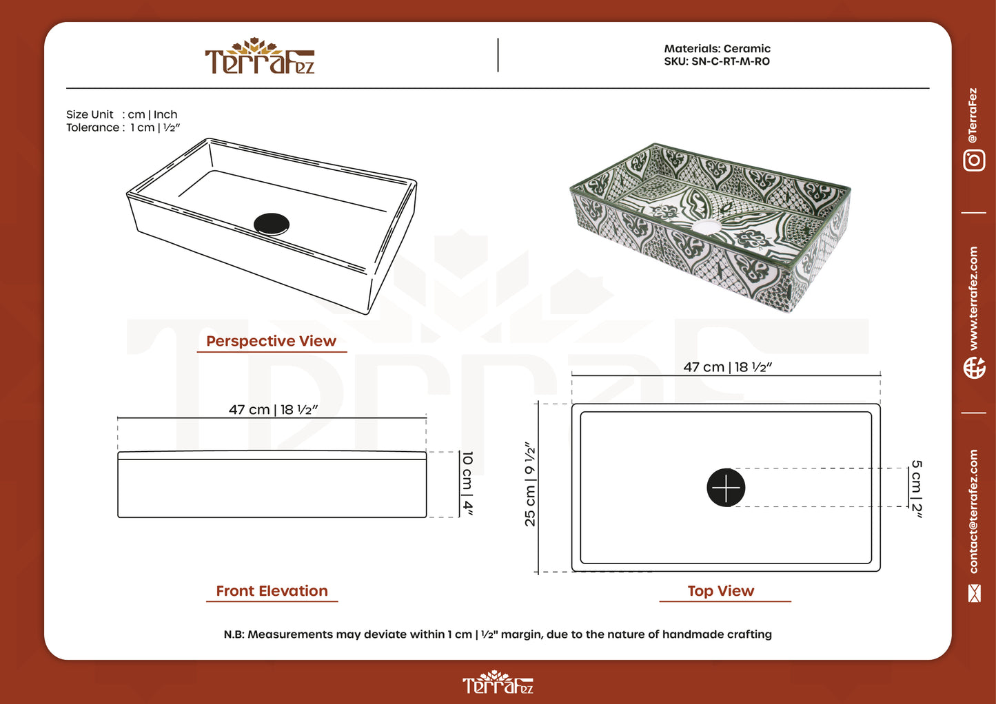 Technical Drawing of Rectangular ceramic Bathroom Sink, Arabesque Green 18" Vessel Sink | TerraFez