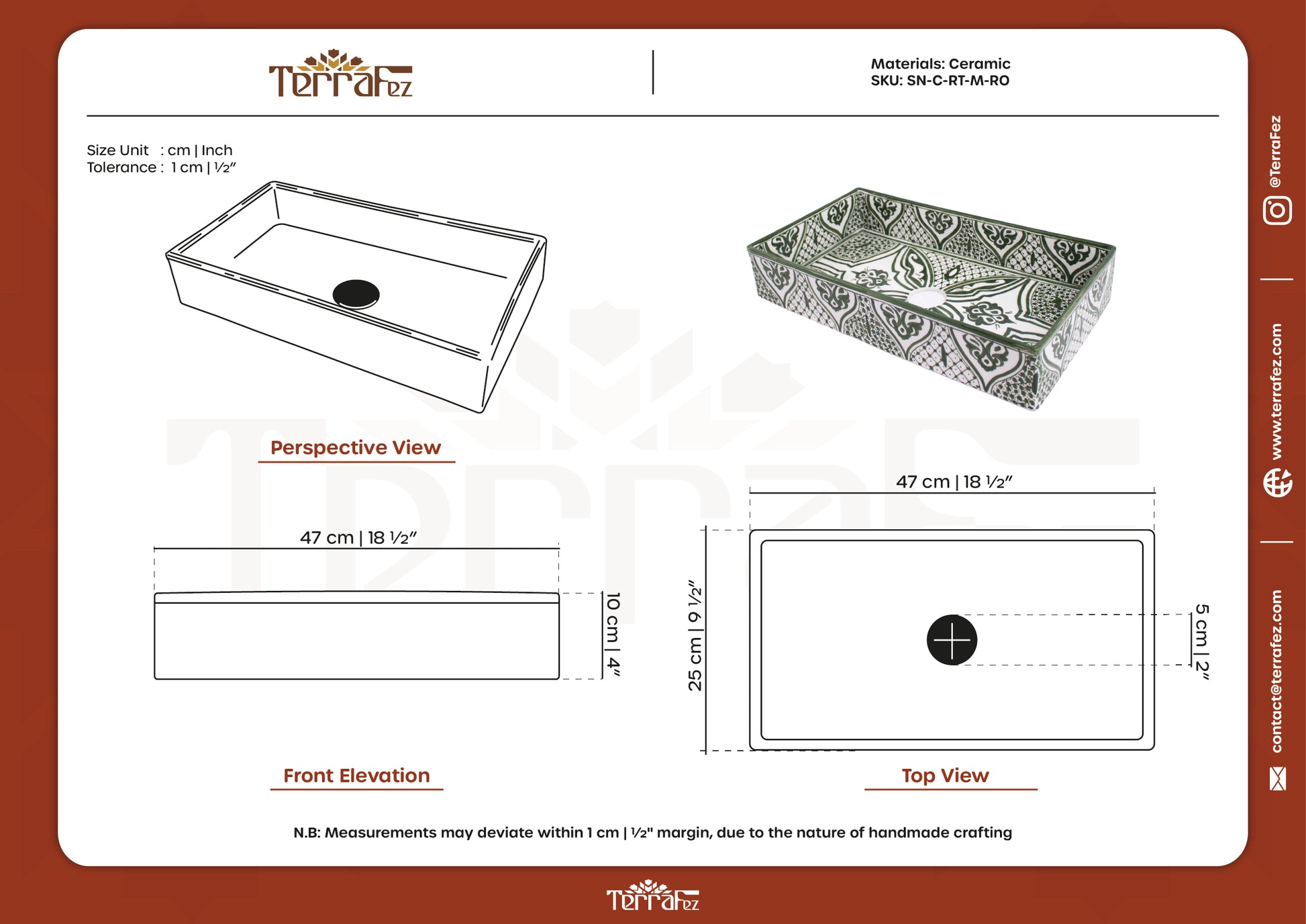 Technical Drawing of Rectangular ceramic Bathroom Sink, Arabesque Green 18" Vessel Sink | TerraFez