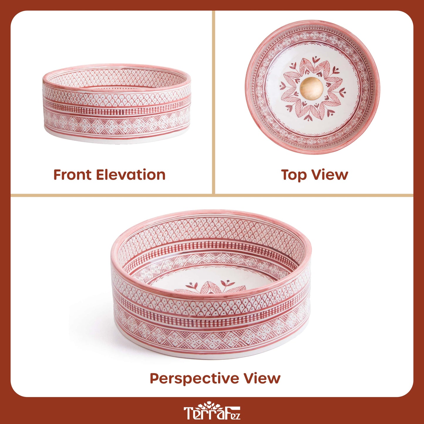 Comprehensive three-panel product photography showing front elevation, top view, and perspective view of round ceramic vessel sink