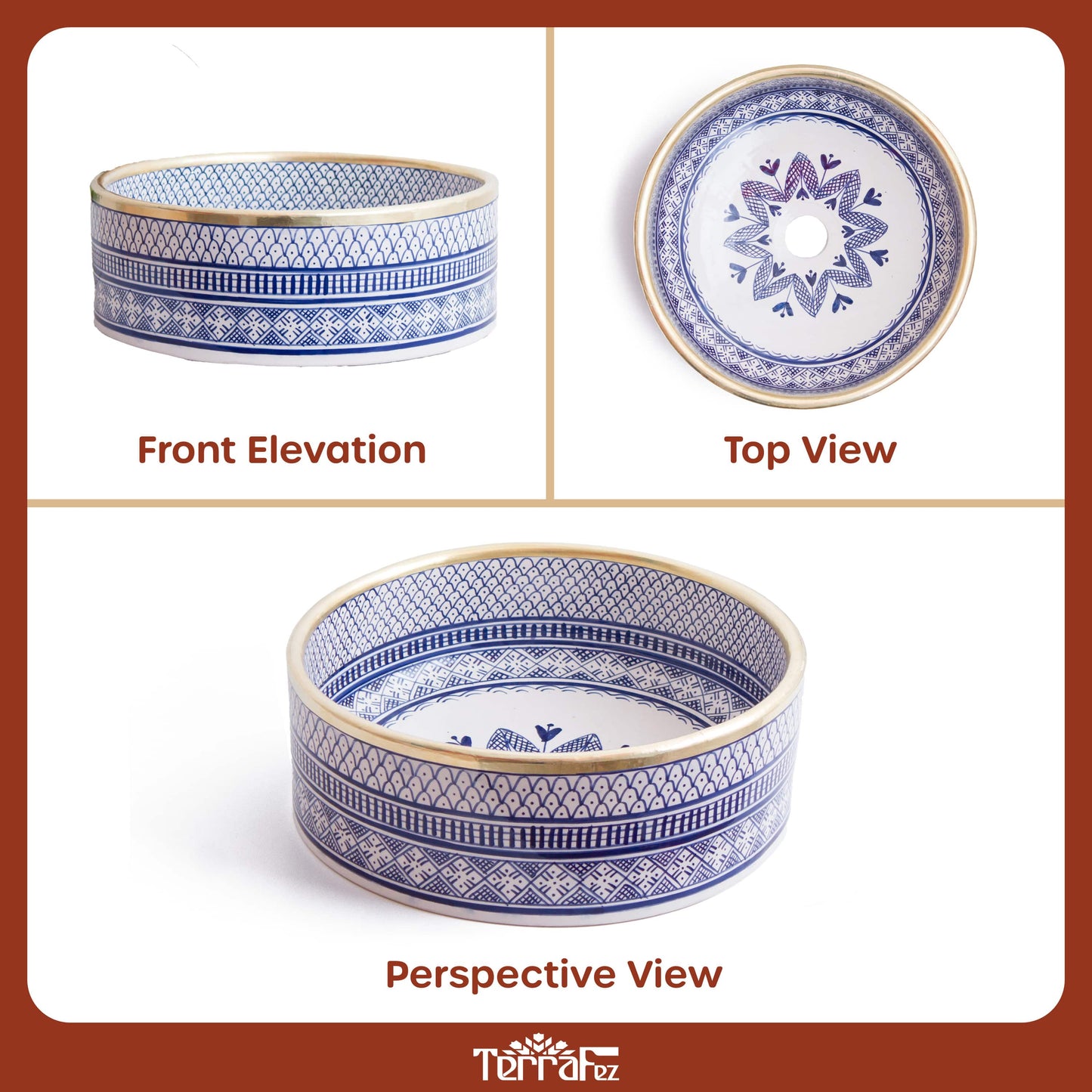 Comprehensive three-panel product photography showing front elevation, top view, and perspective view of round ceramic vessel sink